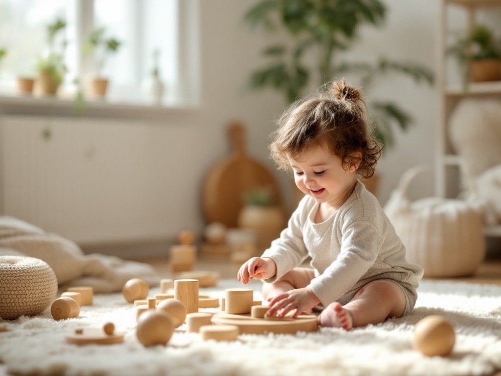 Niño jugando con materiales de madera Montessori